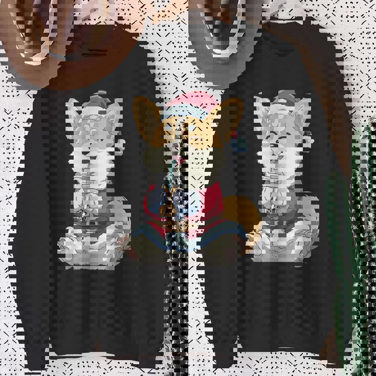 Santa Dog Boba Bubble Tea Christmas Corgi Lover Xmas Sweatshirt Gifts for Old Women