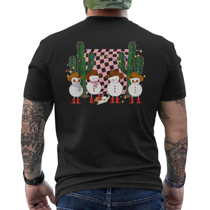 Retro Groovy Cowboy Snowmans Western Cactus Howdy Christmas Men's Back Print T-Shirt