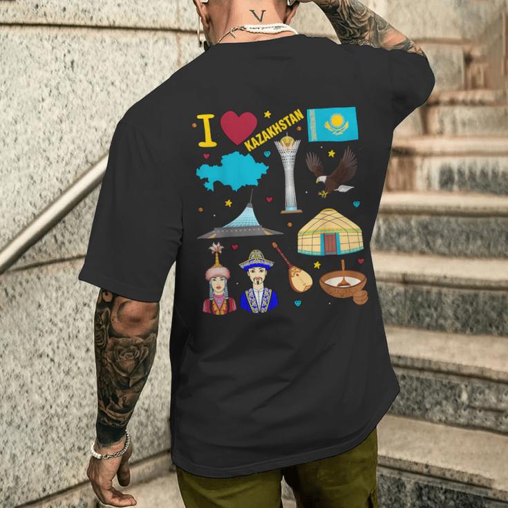 I Love Kazakhstan Hand Drawn Kazakh Landmarks Flag And Map T-Shirt mit Rückendruck Geschenke für Ihn