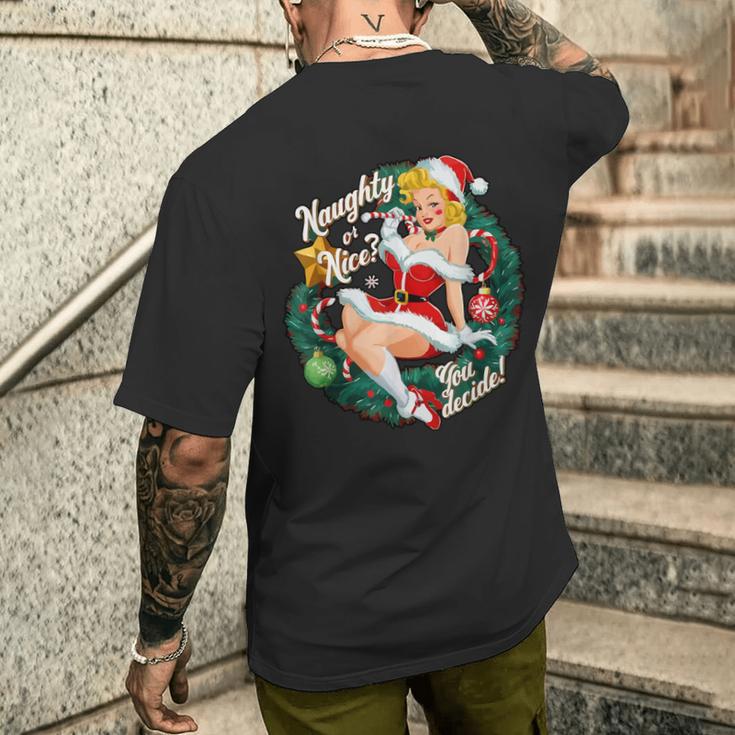 Naughty Or Nice Du Entscheide Pinup T-Shirt mit Rückendruck Geschenke für Ihn