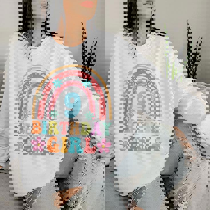 9Th Birthday Girl 9Yr 9 Year Old Rainbow Groovy Bday Women Sweatshirt Gifts for Her