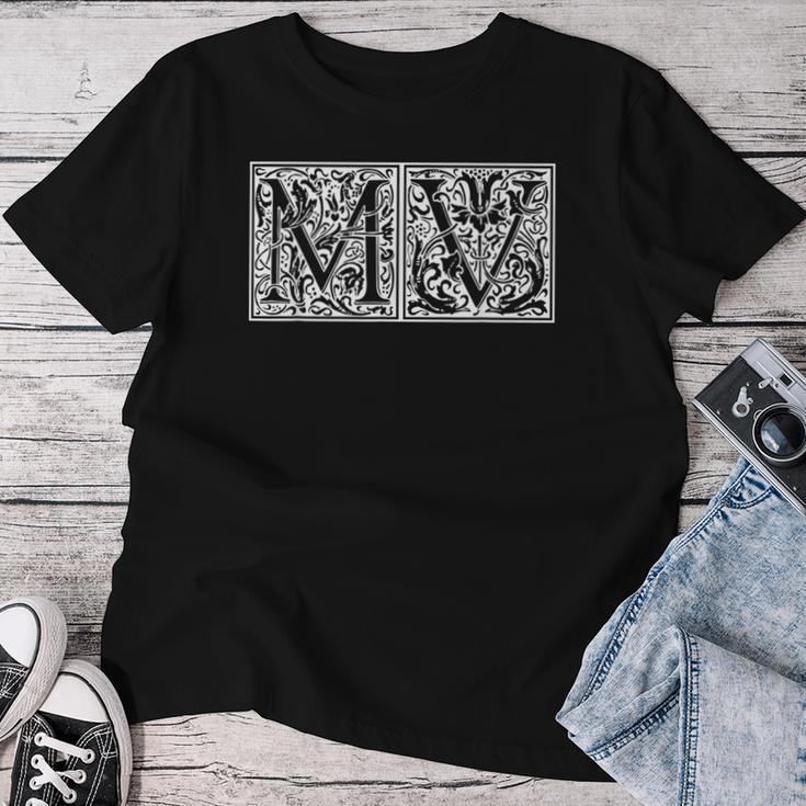 Mv Initialen M Name Nachname Onomastics Onomatology T-shirt Frauen Lustige Geschenke