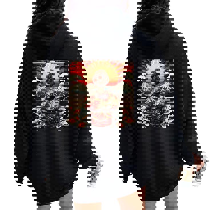 Art Japonaisintage Coucher De Soleil Montagne Floral Geisha Sweat à capuche oversize pour femme avec imprimé dans le dos