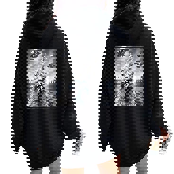 Chicken Rooster Graphic Selfie With Ufos Weird Aliens Women Oversized Hoodie Back Print