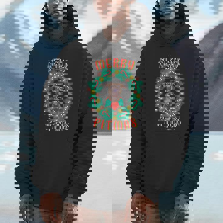 Merry Pitmas Pitbull Dog Christmas Candy Canes Glow Wreath Unisex Hoodie
