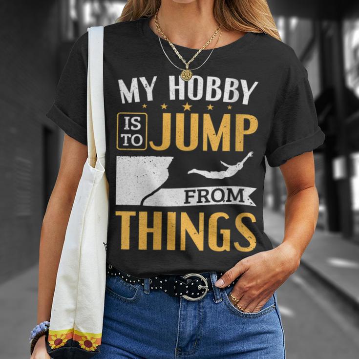 Damen Cliff Jump Mein Hobby Iston Dingen Zu Springen Klippenspringen Mit-Ausschnitt T-Shirt Geschenke für Sie