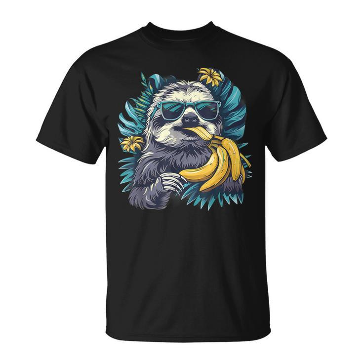 Banana Sloth Wildlife Sunglasses Portrait Banana Fruit T-Shirt