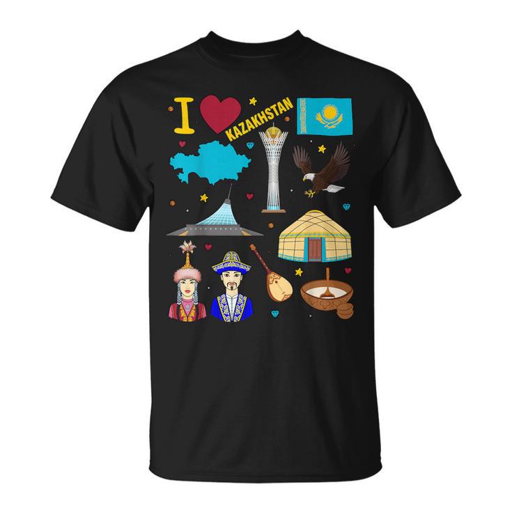 I Love Kazakhstan Hand Drawn Kazakh Landmarks Flag And Map T-Shirt