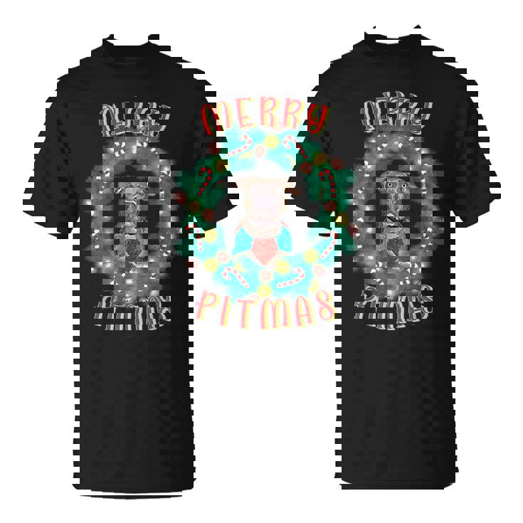 Merry Pitmas Pitbull Dog Christmas Candy Canes Glow Wreath T-Shirt