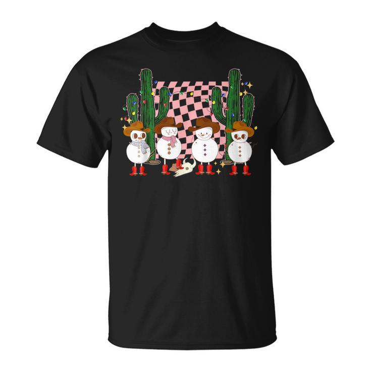 Retro Groovy Cowboy Snowmans Western Cactus Howdy Christmas T-Shirt
