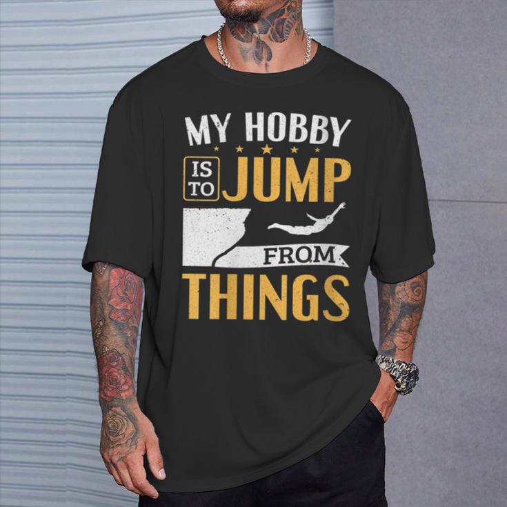 Damen Cliff Jump Mein Hobby Iston Dingen Zu Springen Klippenspringen Mit-Ausschnitt T-Shirt Geschenke für Ihn