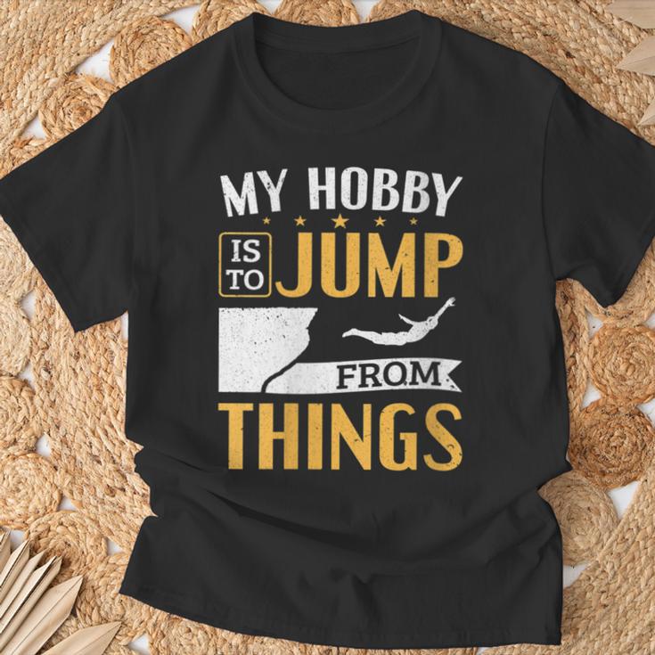 Damen Cliff Jump Mein Hobby Iston Dingen Zu Springen Klippenspringen Mit-Ausschnitt T-Shirt Geschenke für alte Männer