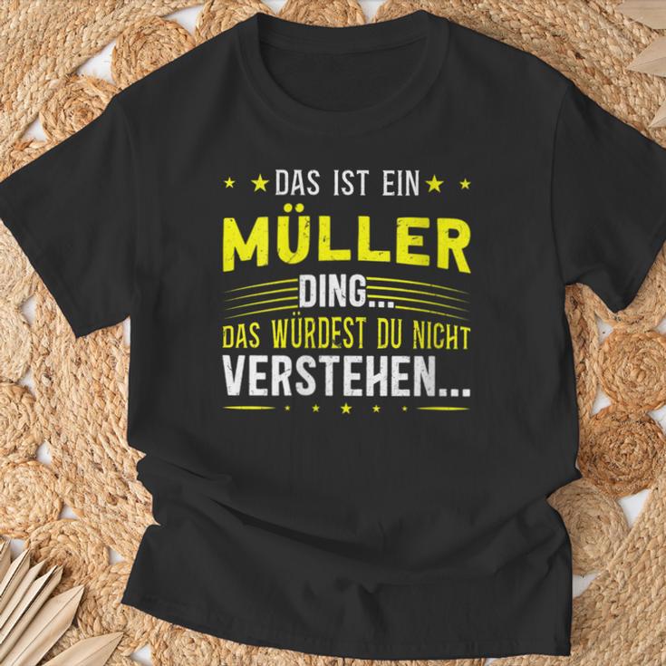 Damen Das Ist Ein Müller Ding Spruch Für Familie Müller Mit-Ausschnitt T-Shirt Geschenke für alte Männer