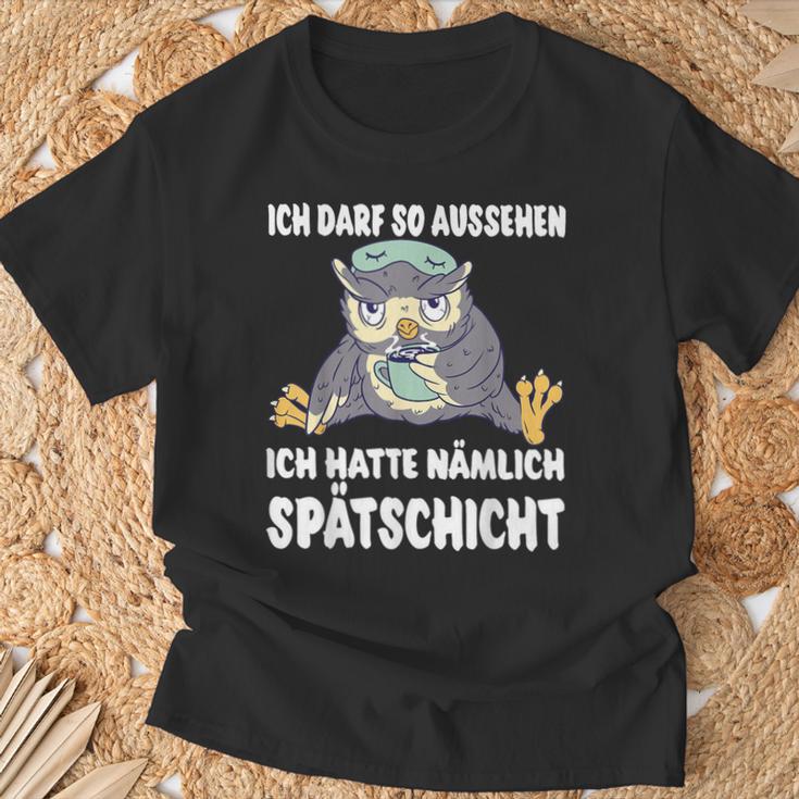 Ich Darf So Aussehen Ich Hatte Spätschicht Coffee Owl T-Shirt Geschenke für alte Männer