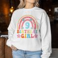 9Th Birthday Girl 9Yr 9 Year Old Rainbow Groovy Bday Women Sweatshirt Funny Gifts