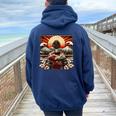 Art Japonaisintage Coucher De Soleil Montagne Floral Geisha Sweat à capuche oversize pour femme avec imprimé dans le dos Navy Blue