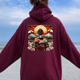 Art Japonaisintage Coucher De Soleil Montagne Floral Geisha Sweat à capuche oversize pour femme avec imprimé dans le dos Maroon