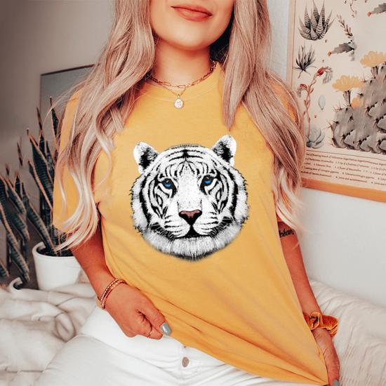 T-Shirt Fille Manches Courtes Imprimé Tête De Tigre - 100% Polyester Doux, Taille 5 à 13 Ans
